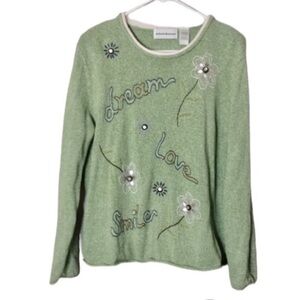 ALFRED DUNNER Spring Green Light EMBROIDERED Sweater Size Large